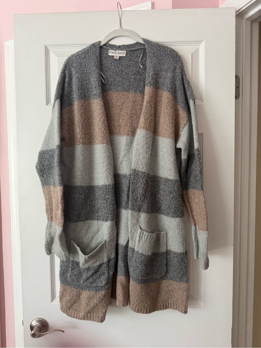 Knox Rose Gray, Tan & Light Gray Striped Open Cardigan